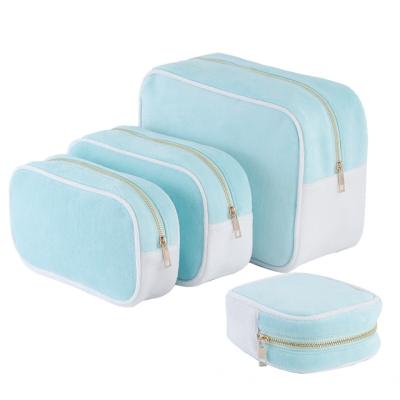 China Fashion LOW MOQ high quality toiletry bag for winter make up bag Fashion Embroidered Letter Patches Terry cloth pouch Cosmetic Bags for sale