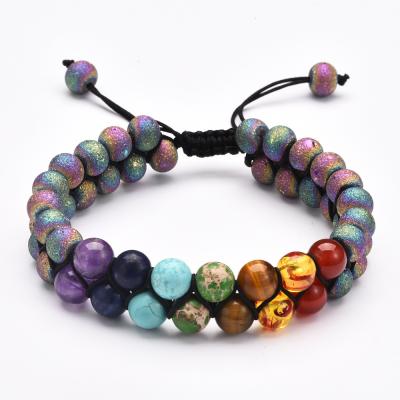 China Vintage Natural Druzy 7 Chakra Agate Beads Handmade Braided Adjustable Bracelet Double Layer Energy Bracelet for sale