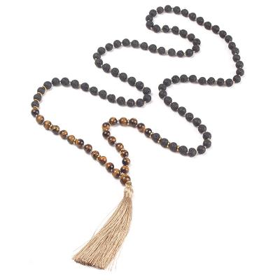 China Popular Necklace 108 Mala Beads Lava Tigei Eye Tassel Yoga Buddhist Necklace for sale