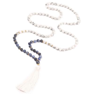 China Newest Popular Necklace Design 108 Natural Howlite Beads Pendant Tassel And Lapis Lazuli Knotted Necklace for sale