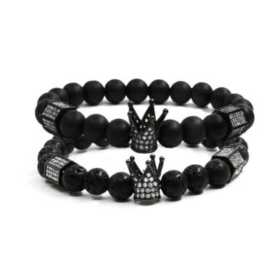 China TRENDY Black Matte Beads Zircon Copper Crown Charm Bracelet Micro Paving Bracelet For Men for sale