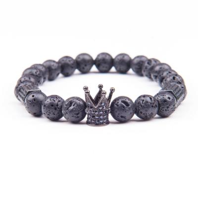 China Crown Bracelet 2018 Fashion Diy Crown New Bracelets Mens Charm Piercing Lava Stone Beads Black CZ Ball Bracelets For Women Men Jewelry Gifts for sale