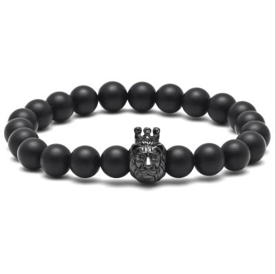 China Natural Stone Agates Lava Beads Punk Jewelry Pulseras Hombre Bracelets Leo Lion Head King Crown Charms Bracelet New Vintage Black Agate Stone Bracelet for sale