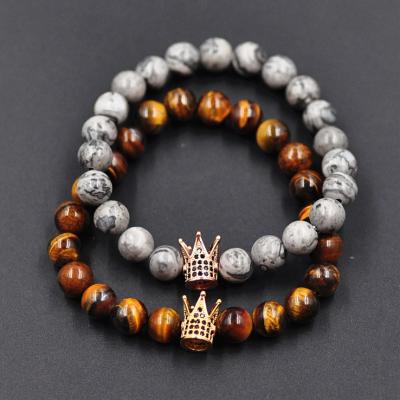 China Trendy Tiger Eye Natural Stone Fashion Crown Elasticity Bracelets and Bangles Couples Gifts Frosted Bead Bracelets Lovers Jewelry for sale