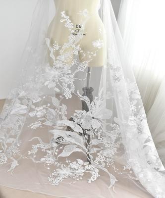 China Large Size Viable 3D Flower Embroidery Bridal Lace Fabric On Sewing Dress for sale