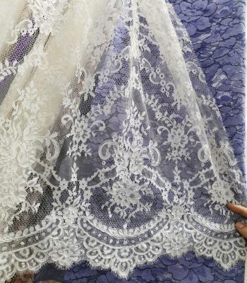 China Viable High Quality Tied White Flower Eyelash Chantilly Lace Fabric For Wedding Dress for sale