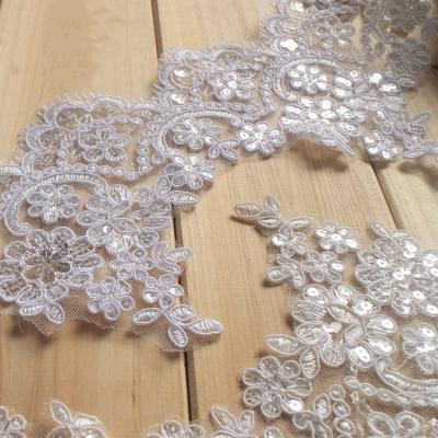 China Sustainable Lace Accessories Eyelash Sequin Lace Wedding Headwear Embroidery Lace Trim 15cm High End Pink for sale