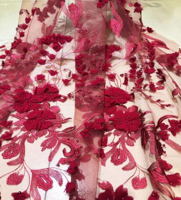 China Viable Wine Red 3D Flower Lace Fabric With Beads And Stones For Dresses for sale