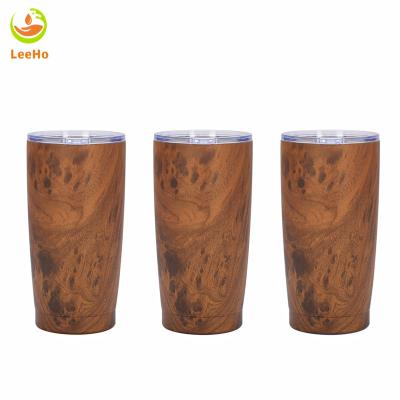 China 20oz Sustainable Wood Grain Tumbler Double Insulated Stainless Steel Coffee Mug Thermos Mug With Lid for sale