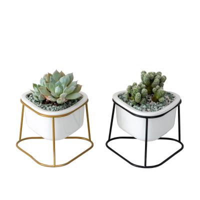 China Nordic round corners flower triangle ceramic flower ware Nordic plump ceramic frame simple ironwork flower pot set for sale