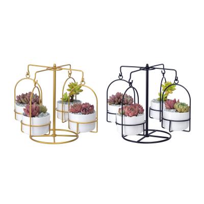 China Europe Creative Carousel Hanging Basin Round Ceramic Fleshy Flower Pot Combined With Iron Frame Set for sale