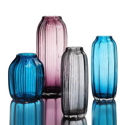 China European Style Cylinder Flower Vases Centerpiece Colored Tall Glass With Different Design For Home Decoration Striped 3 Pieces Of Hit Set for sale