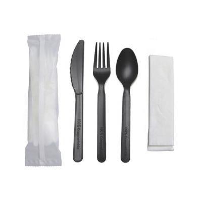 China Eco CPLA Disposable Portable Black Biodegradable Cutlery Set With Knife Fork Spoon for sale