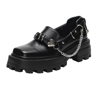 China Square Round Head Fashion Mary Jane Metal Chain Thick Soled Women Leather Shoes Small for sale