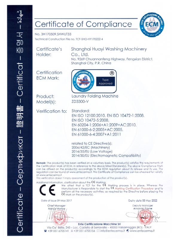 CE for Folding Machine - Shanghai Huayi Washing Machinery Co., Ltd.