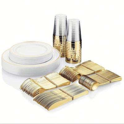 China Plastic Silverware Disposable Gold Flatware Disposable Gold Flatware Spoons Knives and Forks Dishes Plastic Cutlery Set for Wedding for sale