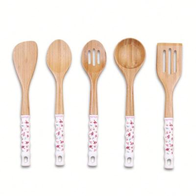 China Sustainable Promotion Ceramic Handle Cooking Tools Bamboo Kitchen Utensils Set for sale