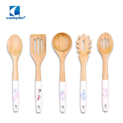 China Sustainable Customized High Quality Eco - Friendly Bamboo Kitchen Cooking Tool Kits With Ceramic Handle for sale