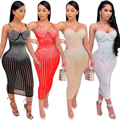 China Wholesale Breathable Casual Dresses Plus Size Backless Dress Women Sparkly Rhinestone Party Dresses for sale