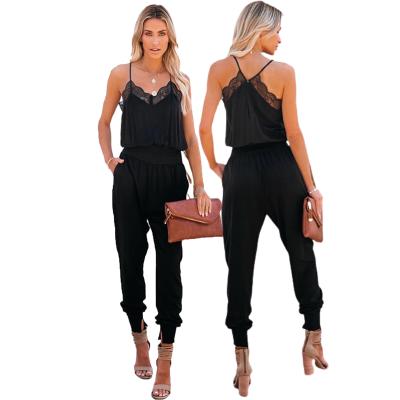 China 2021 Latest Designs Anti-pilling Formal Women's Black Lace Patchwork Spaghetti Strap Slim Fit Overalls for sale