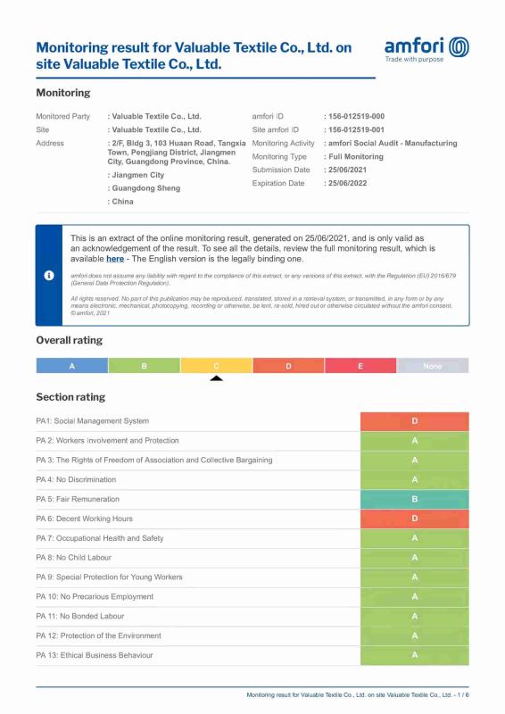 BSCI - Valuable Textile Co., Ltd.