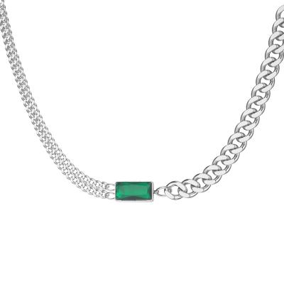 China Not Rust Not Fade Wholesale Classic 18K Gold Plated Stainless Steel Green Zircon Square Inlaid Cuban Chain Necklace for sale