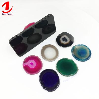 China Adjustable Oval Agate Natural Edge Customized New Cell Mobile Phone Gemstone Grip Hand Grip Holder Expanding Holder Socket for sale