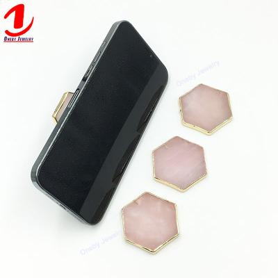 China Adjustable Hexagon Rose Quartz Golden Rim Edge Raise Customize Mobile Finger Holder Cell Phone Grip Stand Grip for sale