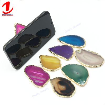 China Custom Mini Hand Golden Rim Edge Adjustable Irregular Agate Phone Grip Holder Finger Grip Holder Mobile Elastic Sticker for sale