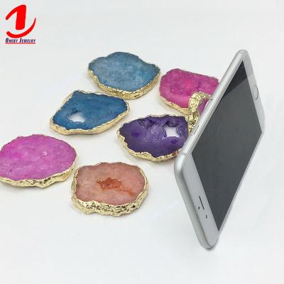 China Rim Edge Natural Stone Gemstone Geode Quartz Crystal Druzy Slice Mobile Phone Holder Grip Adjustable Gold Grip For Mobile Phone for sale