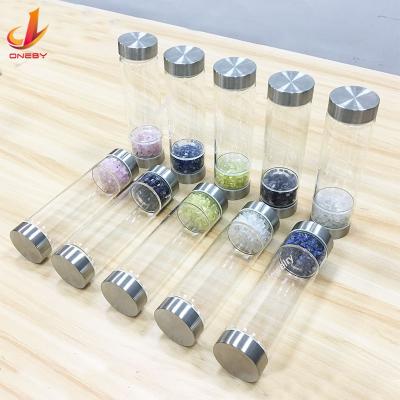 China Natrual Customize Logo Borosilicate Energy Crystalize Glass Gemstone Natural Stone Drinking Water Bottles for sale