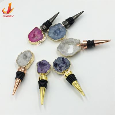 China Natural Novelty Bottle Topper Cute Customize Fancy Beadable Quartz Druzy Gemstone Crystal Wine Bottle Stopper for sale