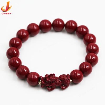 China 10mm 12mm Cinnabar Pixiu Bracelets Cute Feng Shui Crystalline Beaded Man Woman Charm Bracelets Bangles for sale