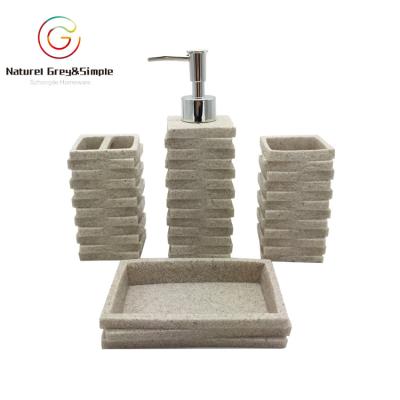 China Bathroom Amenity Sustainable Sandstone Resin Accessory Set Included Dispenser, Soap Tray, Toothbrush Holder and Tumbler for sale