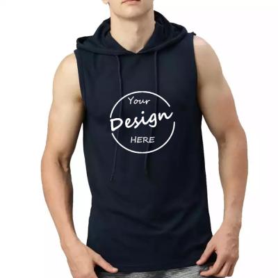 China Anti-pilling Custom Blank Gym Wholesale Embroidery Sleeveless Hoodie Men Pullover Cotton Screen Printed Logo Sleeveless Hoodie Polyester for sale