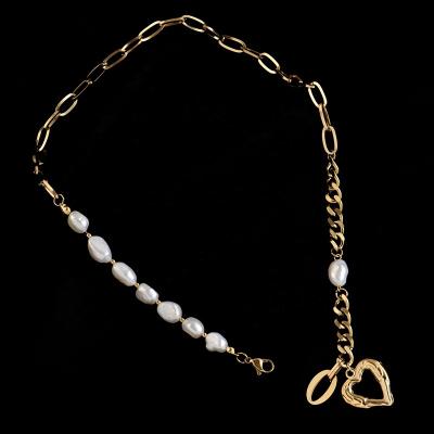 China 2021 Fashion Heart Necklace Gold Pearl Necklace Freshwater Stainless Steel Jewelry Baroque Pendant Wholesale for sale