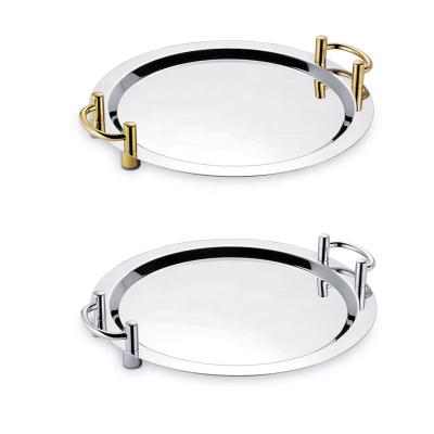 China Wholesale Eco - Friendly 18 Inch Anti Slip Round Stainless Steel Tray Mirror Tray With Handle Serving for sale