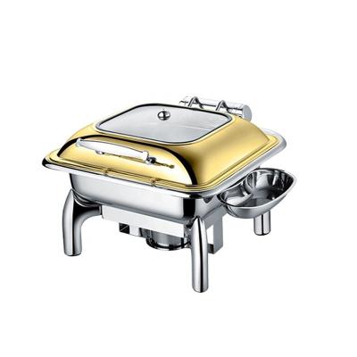 China hotel & Restaurant Serving Chafing Dish Gold Stainless Steel Food Warmers Adjust Teasing Dishes Shake With Hydraulic Slow Down Window Cover for sale