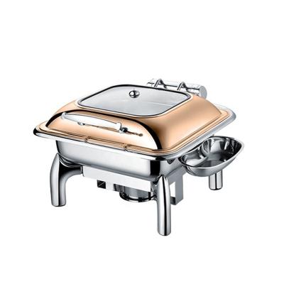 China hotel & Restaurant Serving Chafing Dish Stainless Steel Rose Gold Food Warmers Square Teasing Dishes Shake With Hydraulic Slow Down Window Cover for sale