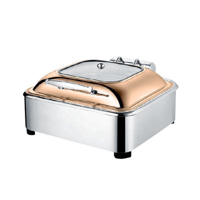 China hotel & Restaurant Serving Chafing Dish Gold Stainless Steel Food Warmers Adjust Teasing Dishes Shake With Hydraulic Slow Down Window Cover for sale