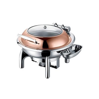 China hotel & 4L Restaurant Serving Chafing Dish Stainless Steel Rose Gold Food Warmers Round Teasers Shake With Hydraulic Slow Down Window Cover for sale