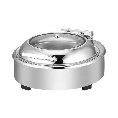 China hotel & Restaurant Serving Chafing Dish 4L Stainless Steel Food Warmers Round Teasing Dishes Shake With Hydraulic Slow Down Window Cover for sale