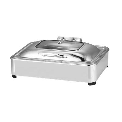 China hotel & Restaurant Serving Chafing Dish 9L Stainless Steel Food Warmers Retangular Teasing Dishes Shake With Hydraulic Slow Down Window Cover for sale