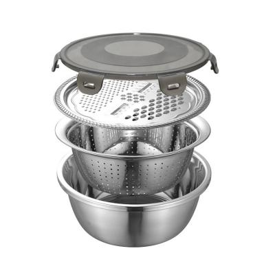 China New 2021 Viable Hot Selling Universal Kitchen Tools 4 Pcs Sets Salad Bowl Grater Stainless Steel Drain Basin Fruit Basket Vegetable for sale