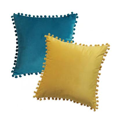 China Wholesale Soft Solid Velvet Pom Pom Decorative Pillowcase Home Decor Soft Cushion Cover for sale