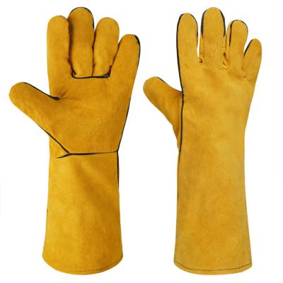 China Prevent Scald And Heat Palm Full Scratching Welding Gloves Export Grade 35cm Cat Leather Red 13in Yellow Welding Gloves for sale