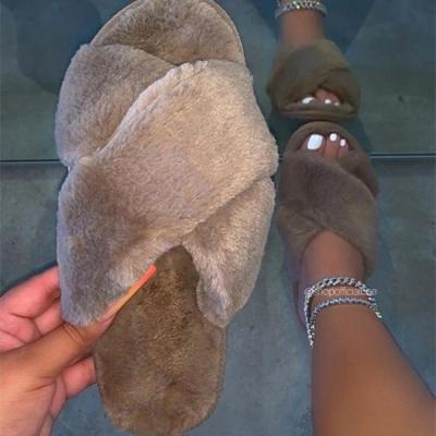 China Custom Fashion Trend Fashion Faux Fur Slippers for Women and Ladies Indoor Outdoor Soft Fluffy Slide Fur Slippers for sale