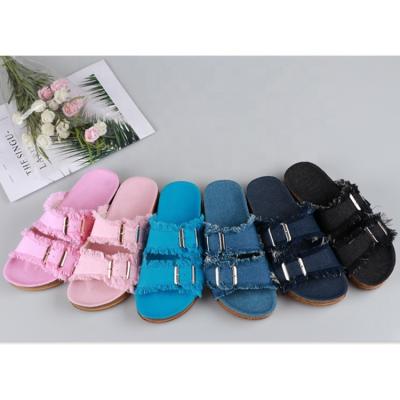 China 2021 fashion trend ladies slippers and sandals with cork sole cheap denim fabric prices non-slip durable shoes for sale