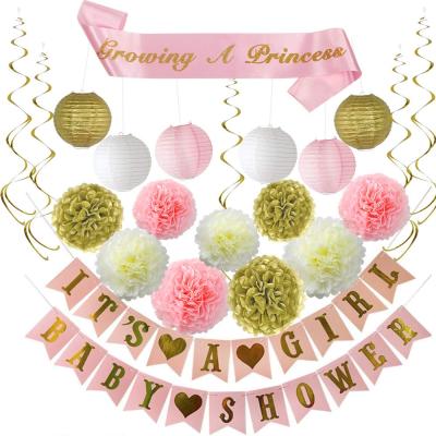 China Wholesale Gold Eco-Friendly Disposable and Pink Its a Girl Baby Shower Poms Banner and Lantern Party Decorations Set for sale