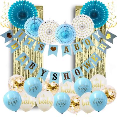 China Disposable Eco-Friendly Blue And Gold With Fringe Curtains Banner Baby Shower Boy Party Decoration Set for sale